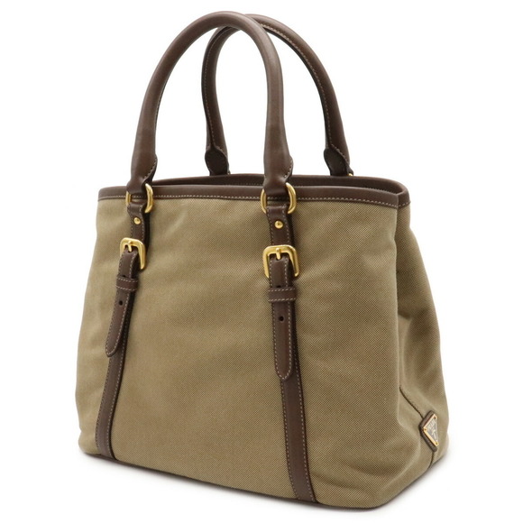 Prada Leather Khaki Canvas Tote Bag Brown Jacquard - Picture 1 of 8